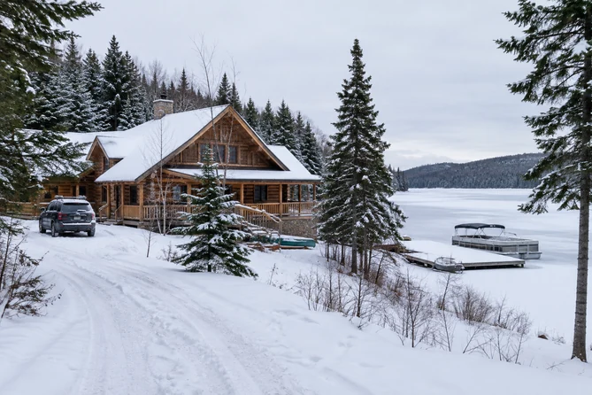l’auberge en bois rond, au bord du lac Taureau